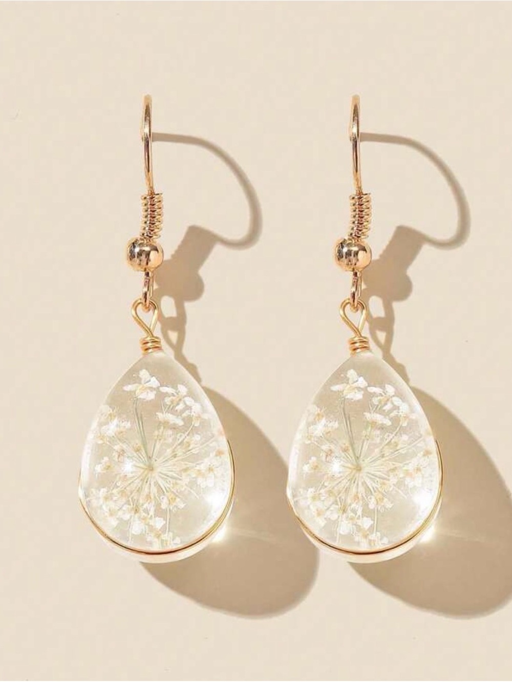 Gold Teardrop Earrings with White Floral Resin Inlay - Women Jewelry